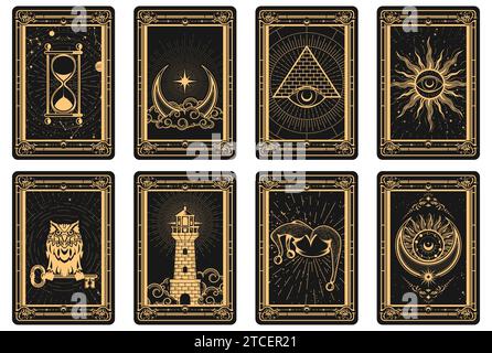 Les cartes de Tarot battent le revers, cadre magique avec des symboles ésotériques et mystiques, soleil et phare, lune et pyramide sorcellerie, vecteur Illustration de Vecteur