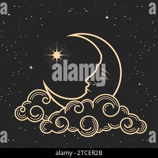 Demi-lune mystique avec le visage dort sur les nuages, croissant et guide étoile polaire, symbole d'astrologie magique de style tarot, vecteur Illustration de Vecteur