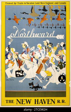 Affiche de voyage américain - vers le nord - Voyage en train à la terre de vacances - Nouvelle-Angleterre et Canada. Le New Haven. Illustration de John Held Jr Banque D'Images