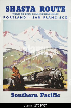 Route de Shasta à travers la région des merveilles de Shasta-Cascade Pacifique Sud - Maurice Logan Artwork, années 1950 - une locomotive de train à vapeur Banque D'Images