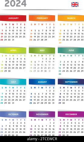 Calendrier 2024 avec des boîtes en couleurs arc-en-ciel 4 colonnes - langue anglaise Illustration de Vecteur