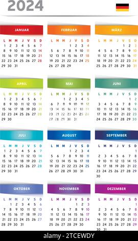 Calendrier 2024 avec des boîtes en couleurs arc-en-ciel 4 colonnes - langue allemande Illustration de Vecteur