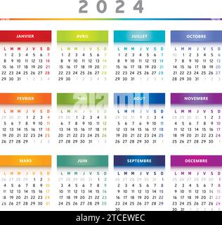 Calendrier 2024 avec des boîtes en couleurs arc-en-ciel 4 colonnes - langue française Illustration de Vecteur