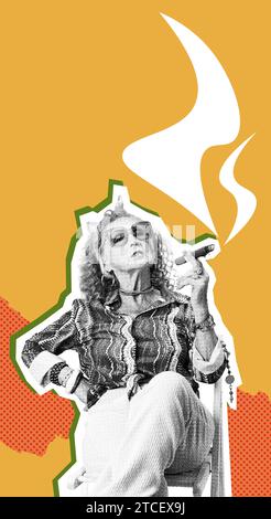Femme élégante senior assise sur une chaise et fumant le cigare. Dame à la mode. Collage d'art contemporain. Banque D'Images