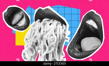 Bouche féminine mangeant de délicieuses pâtes sur fond coloré. Pop art. Collage d'art contemporain. Banque D'Images