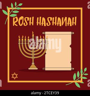 Affiche Rosh hashanah avec chandelier et rouleau vide vecteur de style poly faible Illustration de Vecteur