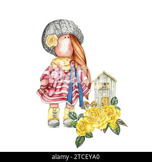 Composition de poupée Tilda en robe et fleurs roses. Illustration à l'aquarelle dessinée à la main. Conception pour fête de douche de bébé, anniversaire, gâteau, célébration de vacances Banque D'Images