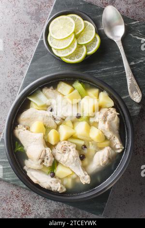 Chicken Souse est une soupe bahamienne qui est un bouillon clair où la viande et les légumes sont bouillis dans le jus d'agrumes frais closeup sur le p Banque D'Images