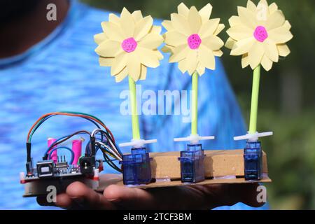 Prototype de travail de tournesol électronique qui se tourne vers la lumière du soleil construit avec le micro-contrôleur programmable et le circuit LDR sur la planche à pain Banque D'Images