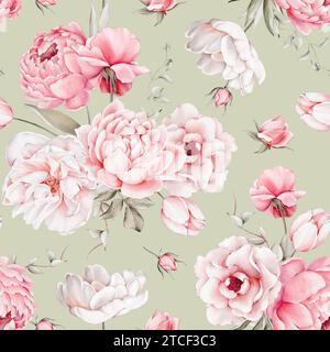 Aquarelle vintage motif floral sans couture avec des roses roses douces, des tulipes, des pivoines et des feuilles sur fond vert. Pour papier peint, papier cadeau, texte Banque D'Images