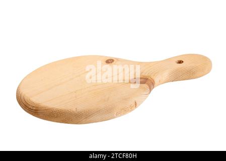 Planche à découper ronde en bois isolée sur fond blanc. Banque D'Images