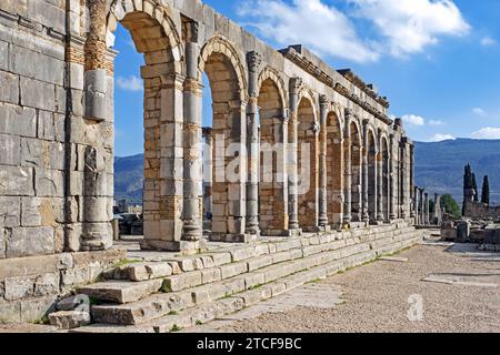 Mur extérieur voûté de basilique face à des colonnes à Volubilis, ville berbère-romaine de l'ancienne Mauretanie près de Meknès, Fès-Meknès, Maroc Banque D'Images