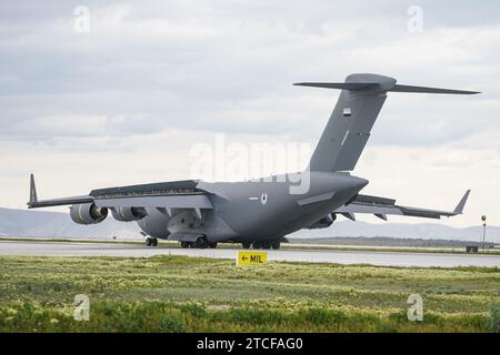 KONYA, TURKIYE - 09 MAI 2023 : atterrissage du Boeing C-17a Globemaster III (F-238 UE-3) de l'armée de l'air des Émirats arabes Unis à l'aéroport de Konya pendant l'Aigl anatolien Banque D'Images