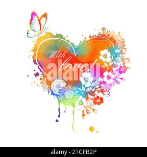 Coeur coloré avec fleurs et papillon. Avec amour. dessin à la main. Pas IA. SstkLOVE . Bonne Saint Valentin. Illustration vectorielle Illustration de Vecteur