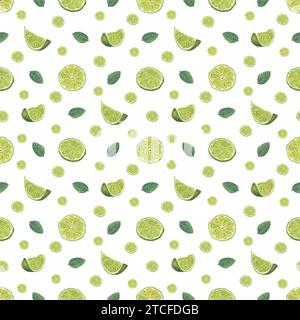 Tranches de citron vert juteux mûrs et feuilles de menthe verte. Motif sans couture isolé sur blanc. Illustration à l'aquarelle d'agrumes frais. Pour la décoration de la chambre, textile Banque D'Images