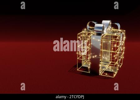 Cadeau avec ruban sur velours rouge - Illustration 3D. Banque D'Images