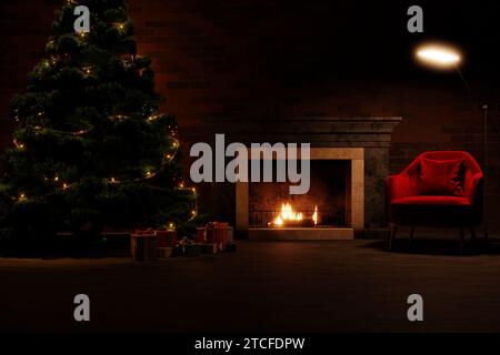 la magie de noël, arbre lumineux magique, cheminée et cadeaux Banque D'Images