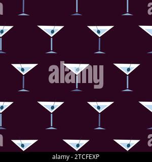 Verre à cocktail Martini avec motif de style dessin animé sans couture d'olives, illustration vectorielle, impression de fond violet Illustration de Vecteur