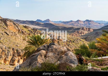 Oasis de paysage à Misfah al Abriyyin ou Misfat Al Abriyeen village situé dans le nord du Sultanat d'Oman. Banque D'Images