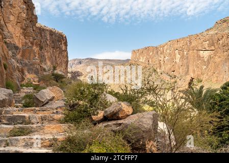 Sentier de montagne avec oasis de palmiers dattiers à Misfah al Abriyyin ou Misfat Al Abriyeen village situé dans le nord du Sultanat d'Oman. Banque D'Images