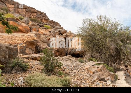 Sentier de montagne avec oasis de palmiers dattiers à Misfah al Abriyyin ou Misfat Al Abriyeen village situé dans le nord du Sultanat d'Oman. Banque D'Images