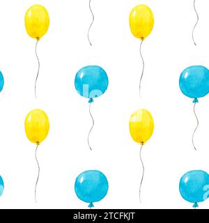 Motif sans couture aquarelle jaune, bleu, ballons verts isolés sur un fond blanc. Illustration aquarelle peinte à la main. Impression d'art pour mariage Banque D'Images