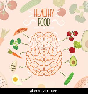 Affiche conceptuelle d'aliments sains avec cerveau et légumes vecteur Illustration de Vecteur
