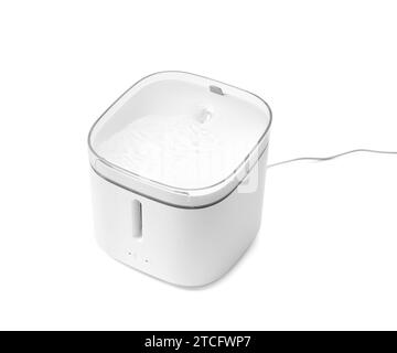 Distributeur d'eau électrique blanc pour animaux de compagnie, abreuvoir intelligent pour chats, fontaine à boire avec filtre remplaçable, indicateurs de quantité d'eau et de changement de filtre Banque D'Images