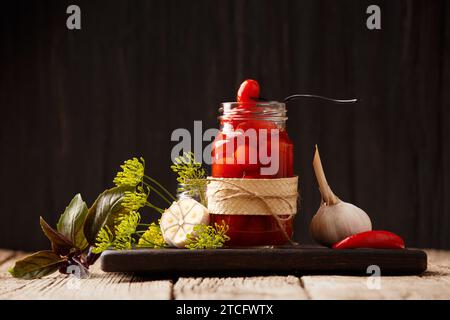 Tomates cerises en conserve dans un bocal en verre ouvert, ail, piments, tomates fraîches, épices et herbes pour marinade sur fond en bois. Banque D'Images