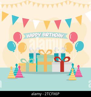 Modèle coloré de joyeux anniversaire avec des ballons présents et chapeaux de fête vecteur Illustration de Vecteur