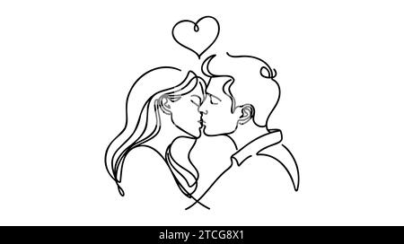 Homme et femme s'embrassant dans Heart Line art. Coupler la ligne. Illustration vectorielle d'amour de Saint-Valentin, lignes dessinées à la main, couples de mariage simples. Illustration de Vecteur