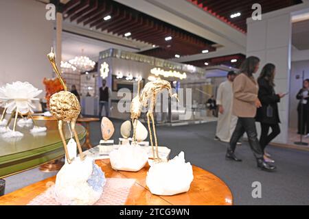 Hawalli, Koweït. 12 décembre 2023. Les gens visitent l'Expo Mirzaam dans le gouvernorat de Hawalli, Koweït, le 12 décembre 2023. La Mirzaam Expo, une exposition de design d’intérieur et de décoration, a débuté ici mardi et durera jusqu’au 16 décembre. Crédit : Asad/Xinhua/Alamy Live News Banque D'Images