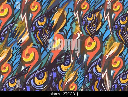 Fond abstrait dans la tonalité bleu-jaune-rouge avec des yeux dangereux et des éléments floraux. Toile de fond à motifs pour les concepts d'affaires ou la mode, affiches Banque D'Images