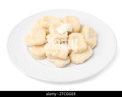 Assiette de délicieuses boulettes paresseuses avec du beurre isolé sur blanc Banque D'Images