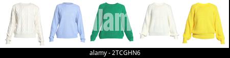 Différents pulls chauds isolés sur blanc, collection Banque D'Images