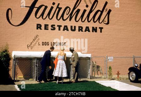NY - AVRIL 1953 : vue générale comme un couple laisse leur chien au Dog Lounge avant de dîner au Fairchild Restaurant vers avril 1953 à New York. (Photo de Hy Peskin) Banque D'Images