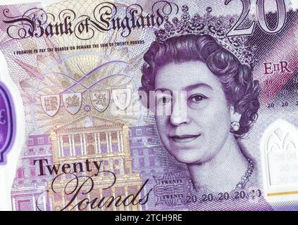 Partie de 20 livres sterling avec la reine Elizabeth II, gros plan Banque D'Images