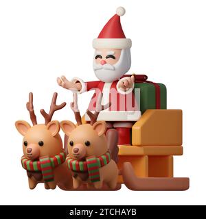 3d Noël père Noël chevauchant sur l'icône de traîneau de renne. sapin décoratif de forme conique minimaliste. Décor de vacances du nouvel an .icon isolé sur Banque D'Images