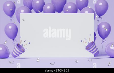 Ballons violets et papier blanc sur fond violet. Espace vide pour bonne année, fête, bannières de médias sociaux de promotion, affiches, rendu 3D. Banque D'Images