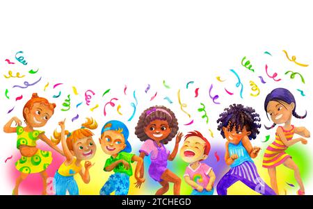 Arrangements d'aquarelle de fond avec des enfants dansant et des éléments de vacances. Bannière ou cadre pour la conception d'invitation de fête d'enfants. Banque D'Images