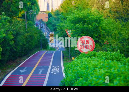 Séoul, Corée du Sud - 2 juin 2023 : une piste cyclable sereine près du Jamsil Railroad Bridge à Séoul, serpentant à travers une végétation luxuriante avec des panneaux coréens, capt Banque D'Images