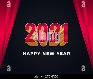 Bannière de bonne année 2021 avec des numéros 3d rouge et or sur fond sombre. Modèle de conception festive, carte de voeux, affiche, bannière Illustration de Vecteur