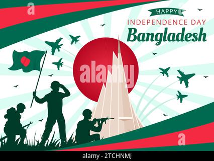 Joyeux jour de l'indépendance du Bangladesh Illustration vectorielle le 26 mars avec drapeau agitant et monument national dans fond de dessin animé plat de vacances Illustration de Vecteur