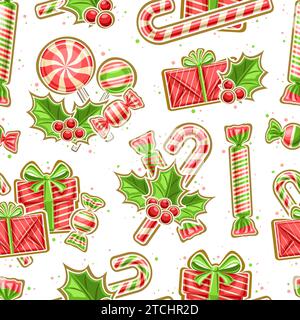 Vector Kids Christmas Seamless motif, répétition décorative de fond avec illustration de bonbons de noël à la menthe dans une feuille rayée rouge, affiche carrée avec Illustration de Vecteur