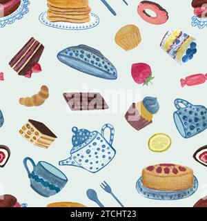 Aquarelle tea time desserts motif multidirectionnel sans couture Banque D'Images
