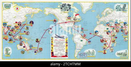 Affiche de voyage américain vintage - route de l'Atlas Sky Merchant DC-4. Carte du monde. Affiche Atlas Supply Company 1948 Banque D'Images