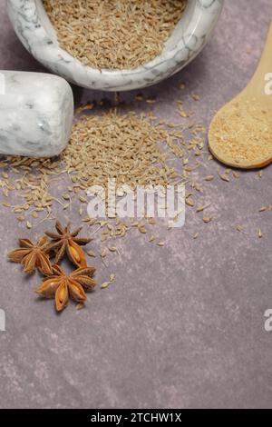 Graines entières d'anis (Pimpinella anisum) séchées dans un mortier céramique et un pilon, avec anis broyé et anis étoilé Banque D'Images