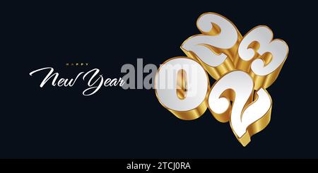 Bonne année 2023 avec les numéros 3D blanc et Or. Conception du nouvel an pour bannière, affiche et carte de voeux Illustration de Vecteur