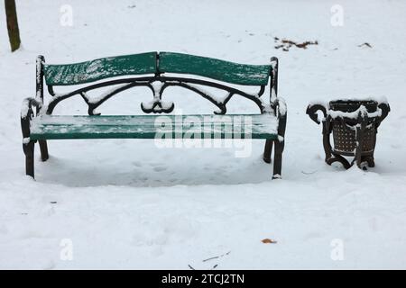 Banc en bois vert et poubelle couverts de neige à l'extérieur Banque D'Images