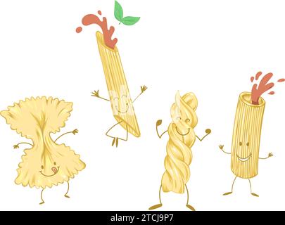 Personnages de pâtes de dessin animé, nourriture italienne joyeuse macaroni. illustration vectorielle Illustration de Vecteur